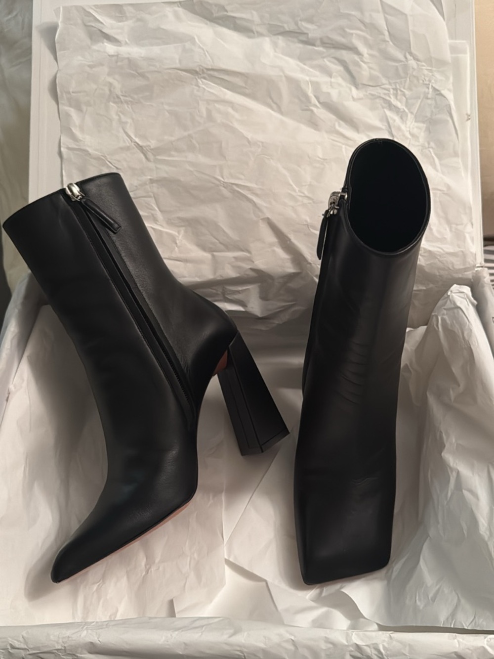 Amina Muaddi Black Leather Square-Toe Block-Heel Ankle Boots